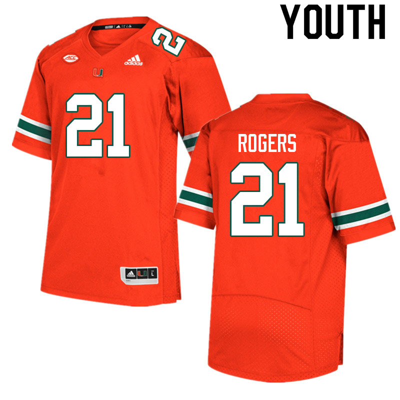 Youth #21 Khamauri Rogers Miami Hurricanes College Football Jerseys Sale-Orange - Click Image to Close